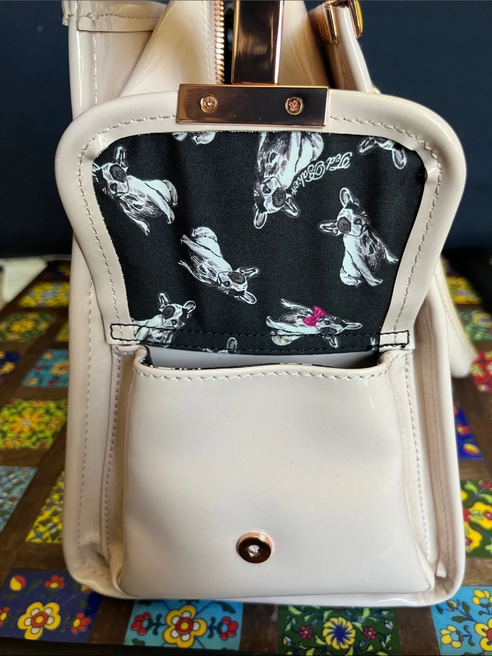 Ted Baker Cream Patent Leather Satchel with Yellow Trim
